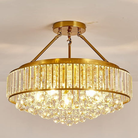 6-Light Modern Large Crystal Chandelier Gold Metal E26 Semi Flush Mount Round Ceiling