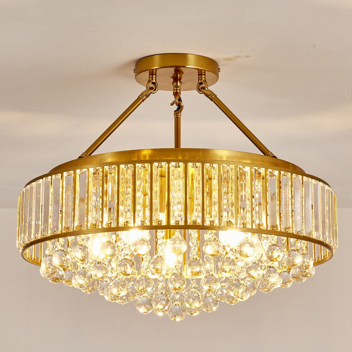 6-Light Modern Large Crystal Chandelier Gold Metal E26 Semi Flush Mount Round Ceiling