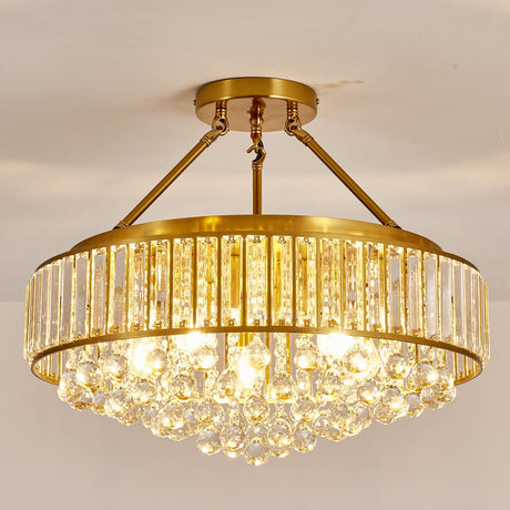 6-Light Modern Large Crystal Chandelier Gold Metal E26 Semi Flush Mount Round Ceiling