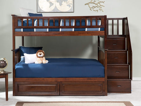 Columbia Full Over Full Size Staircase Bunk Bed with Raised Panel Bed Drawers in Walnut