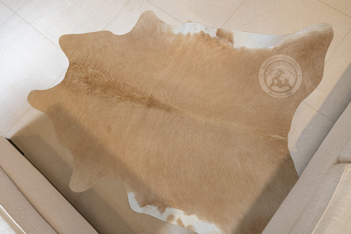 100% Genuine Palomino Beige and White Cowhide Rug - Modern Style Animal Skin Rug