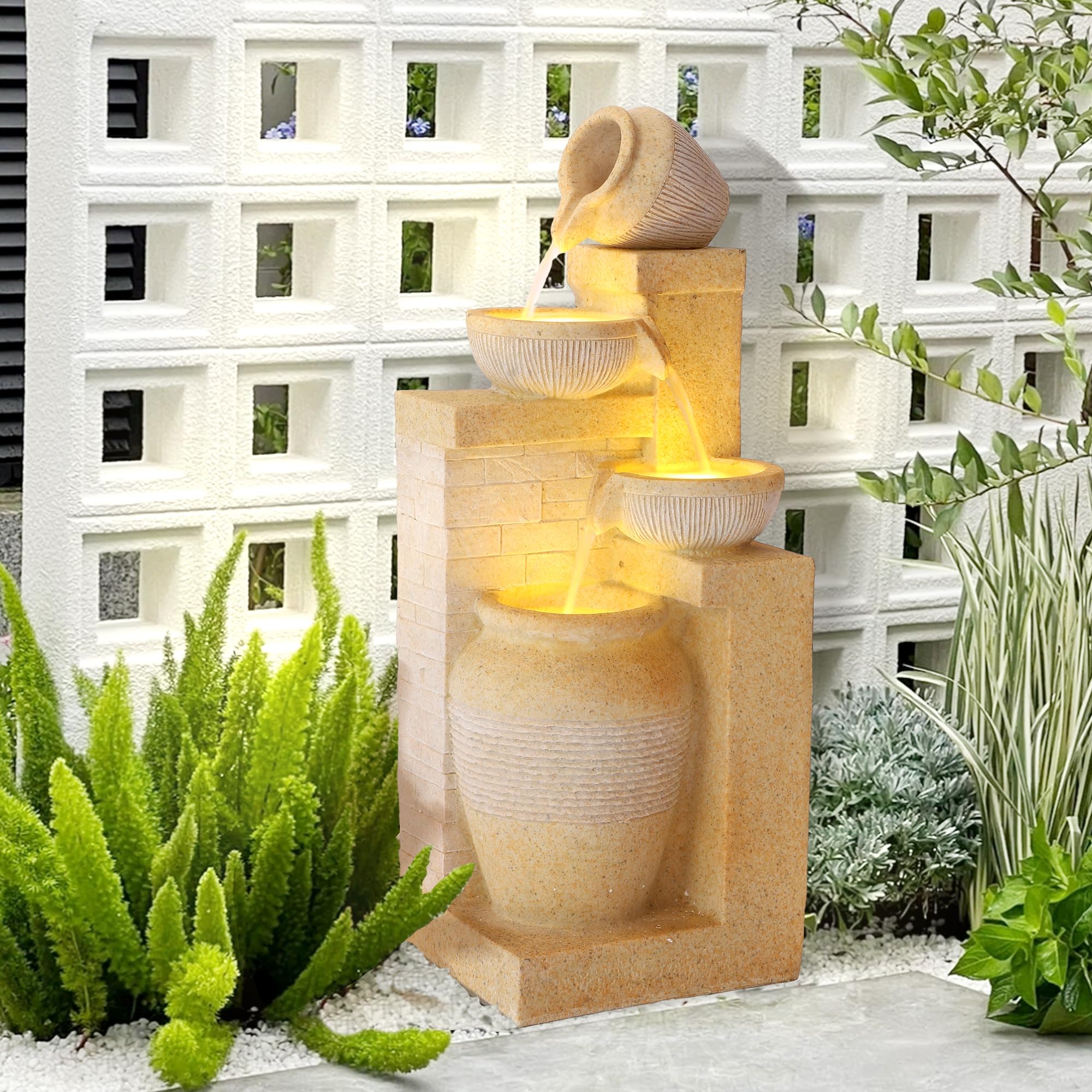 4-Tiers Indoor/Outdoor Garden Water Fountain, 32"H Cascading Water Feature Waterfalls