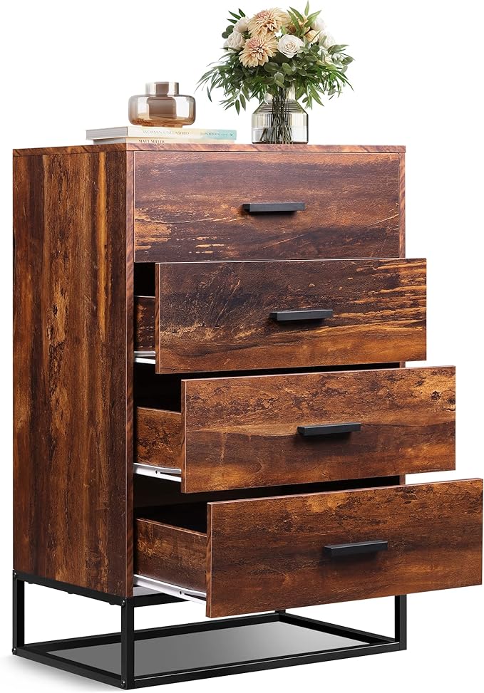 Wood Dresser for Bedroom with 4 Drawers, Nightstand, Chest of Drawers,