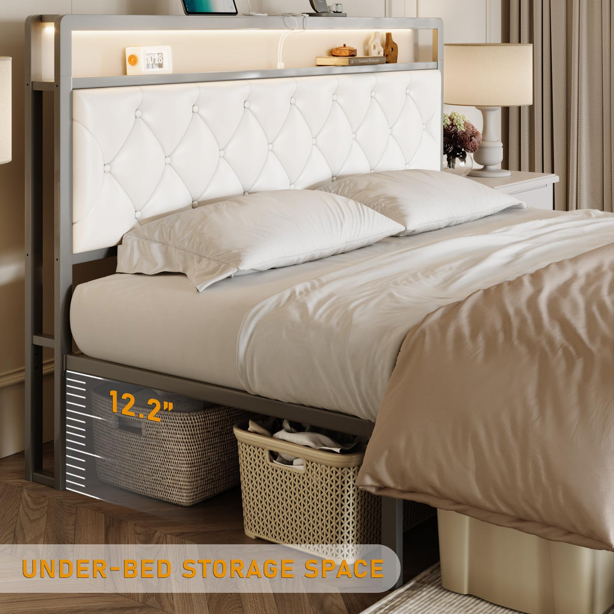 Full Size Bed Frame with 2 Storage Drawers, Upholstered Full Bed Frame with LED Lights