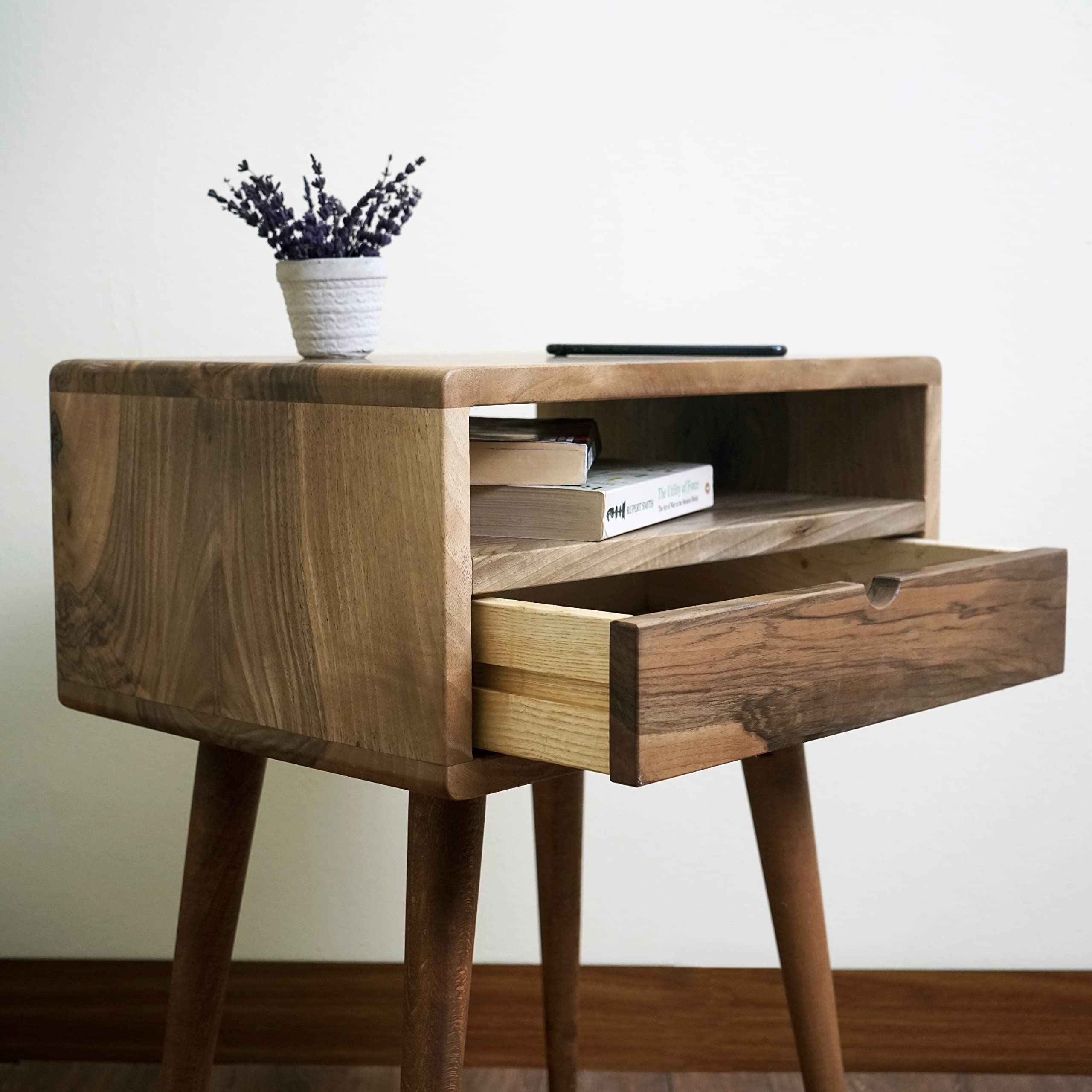Mid Century Nightstand with Drawer Solid Walnut Bedside Table with Shelf Nightstand