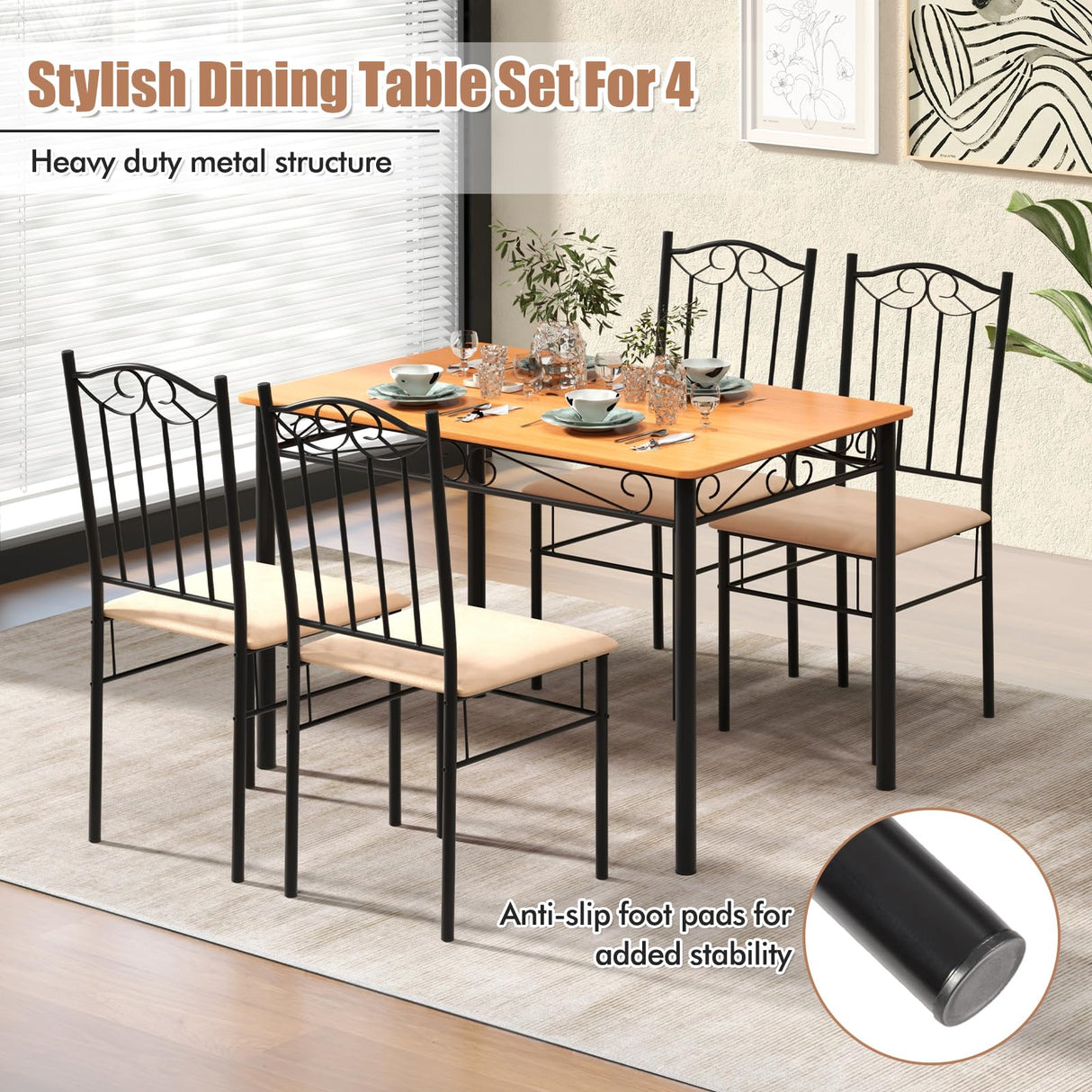 5-Piece Dining Table Set, Rectangular Dining Table with 4 Cushioned Chairs