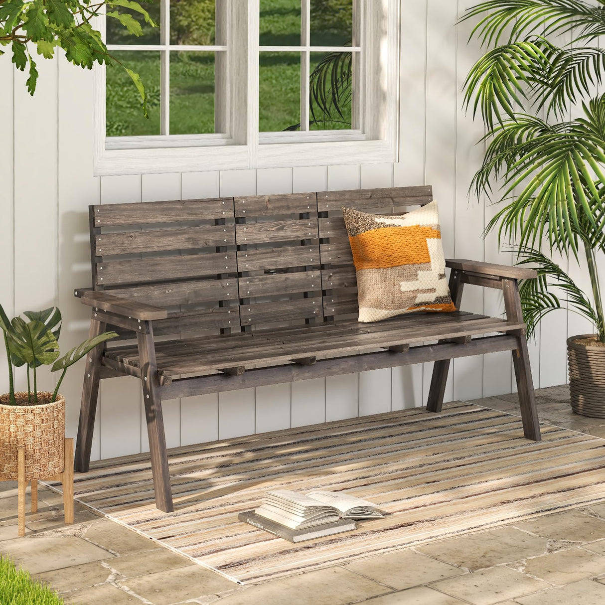Outdoor Fir Wood Bench with Foldable Middle Table, 2-3 Person Garden Bench