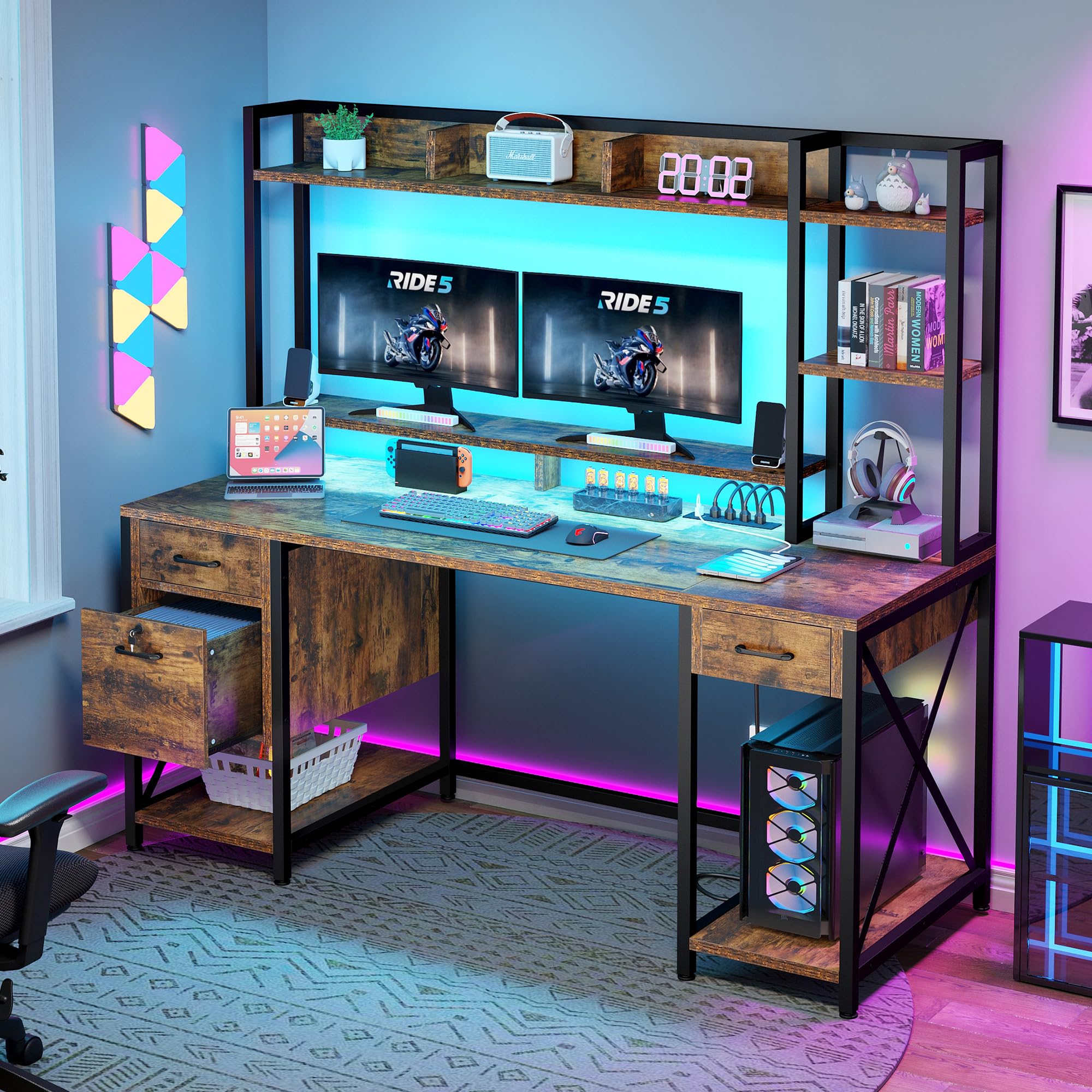 Computer Desk with Drawers & Hutch, 59.1" Office Desk with Power Outlets & LED Lights, Home Office Desk with Storage Shelves, Rustic Brown