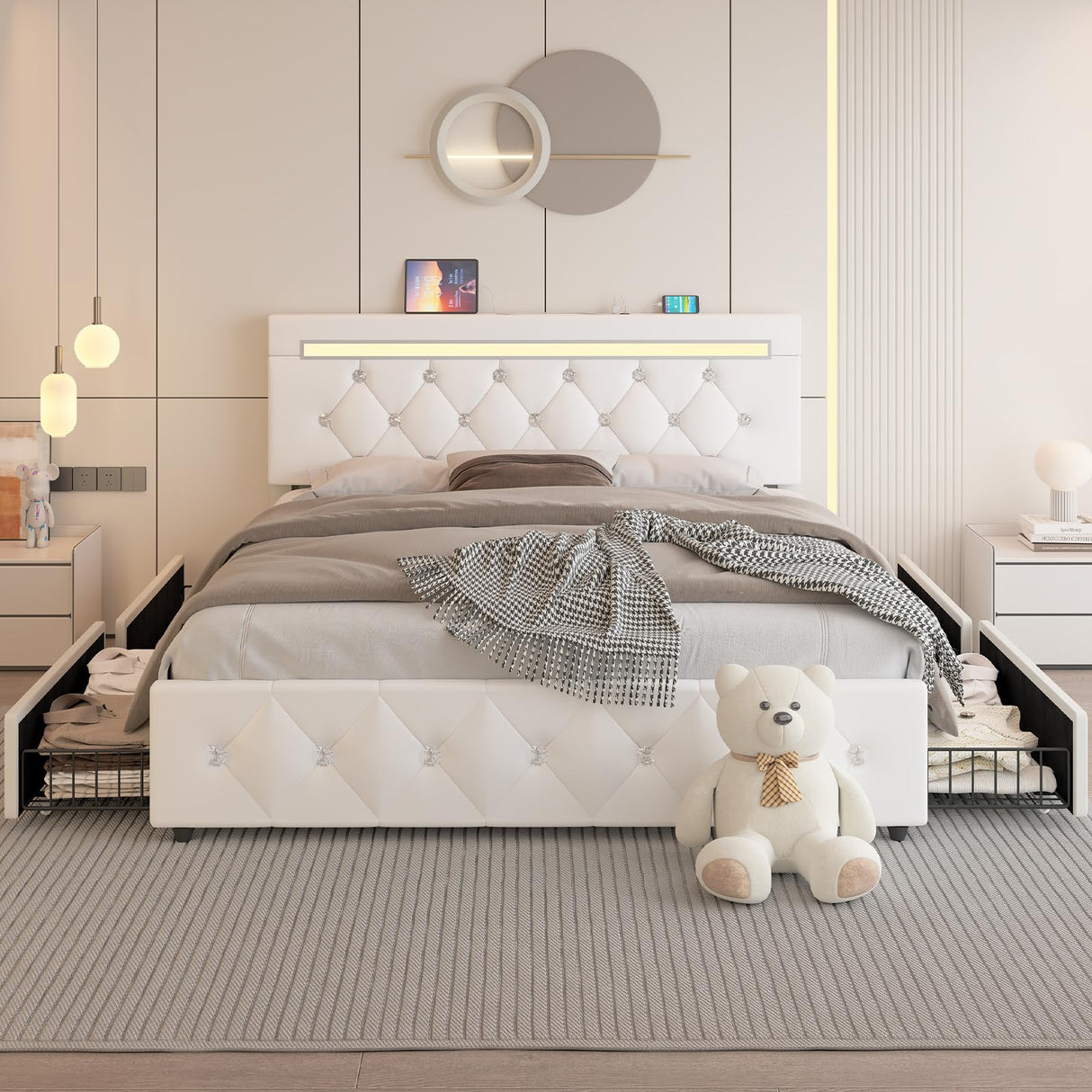 Full Size Bed Frame with 4 Storage Drawers and LED Light