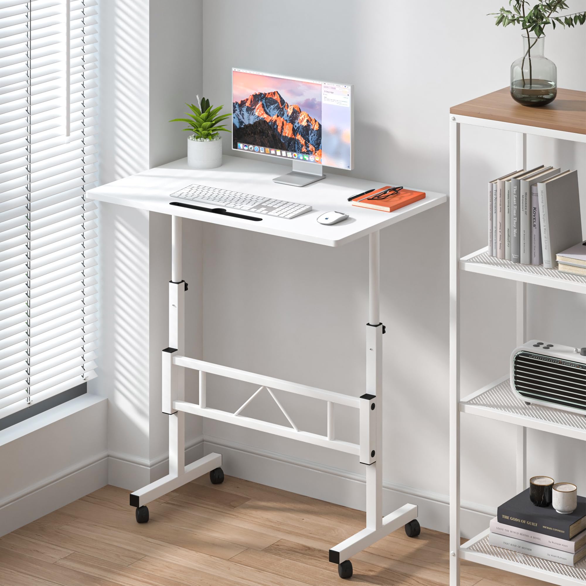 Small Standing Desk Adjustable Height, Rolling Desk for Sitting and Standing