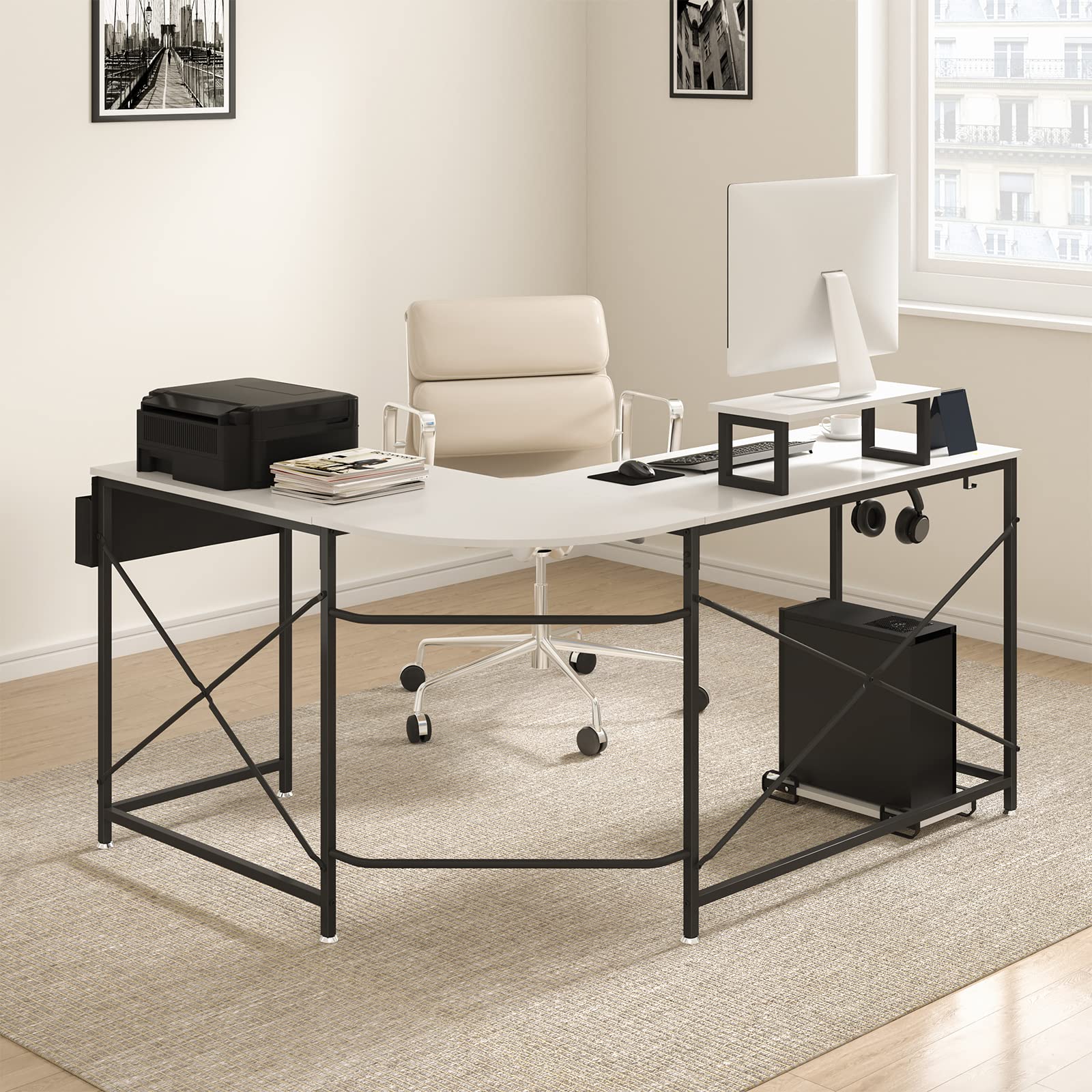 Shaped Computer Desk 59'' L Shaped Desk with Storage Bag Monitor Riser and CPU hite
