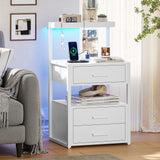 with Charging Station and LED Lights, LED Night Stand with 2 USB Ports and 2 AC Outlets, Modern End Table with 3 Drawers, Bedside Table with Open Storage for Bedroom, White