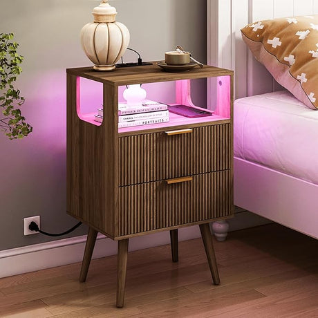 JOONEE Black Nightstand with Charging Station and LED Lights,Modern Bedside Table with 2 Storage Drawer and Open Wood Shelf, for Bedroom and Small Spaces,Night Stand with Solid Wood Legs,Black