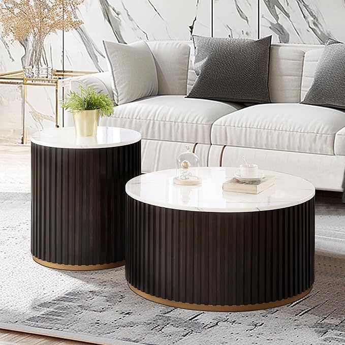 35" Round Wood Coffee Table for Living Room, Farmhouse Circle Bucket Shaped