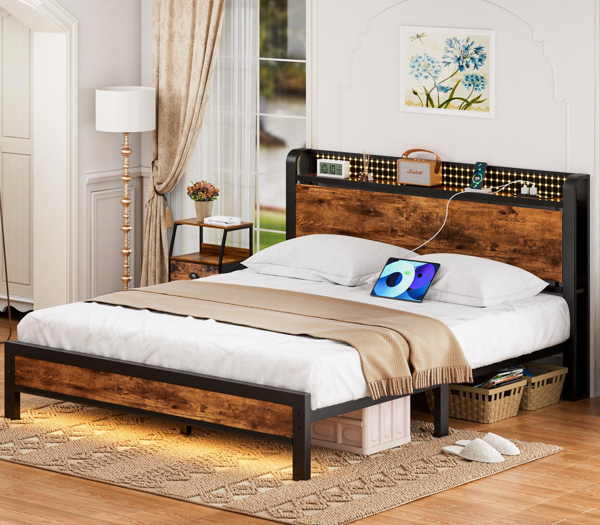 Furnulem Bed Frame with Charging Station and LED Lights,Industrial Platform Beds Queen Size with Storage Headboard,USB Port,Rustic Wood and Strong Metal Support,No Box Spring Needed, Noise Free