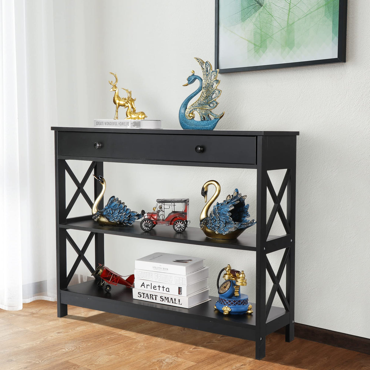 Wood Console Table 3 Tier Sofa Table with Drawer and Storage Shelves Narrow Entryway