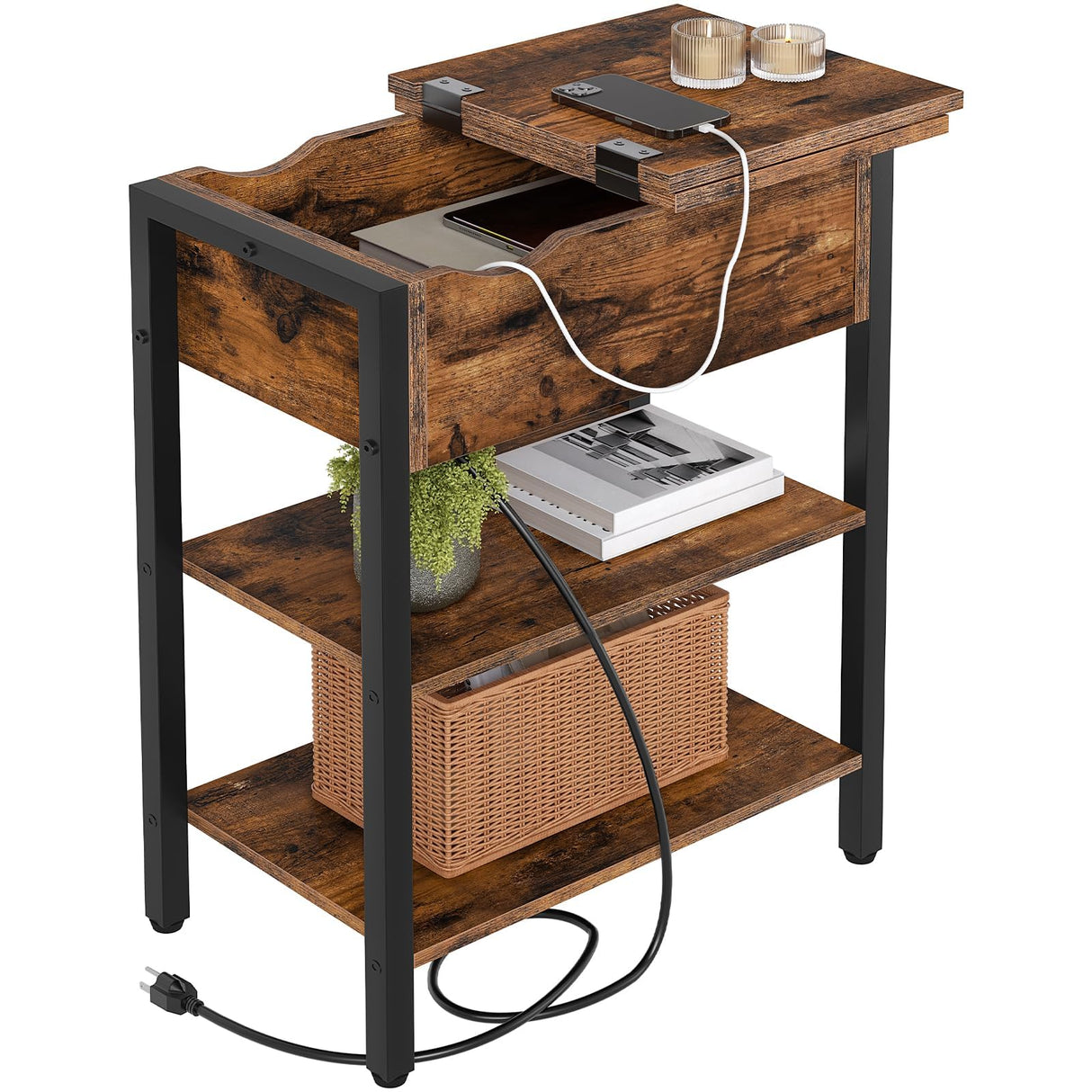 End Table with Charging Station, Narrow Side Table, Flip Top Nightstand with USB Ports