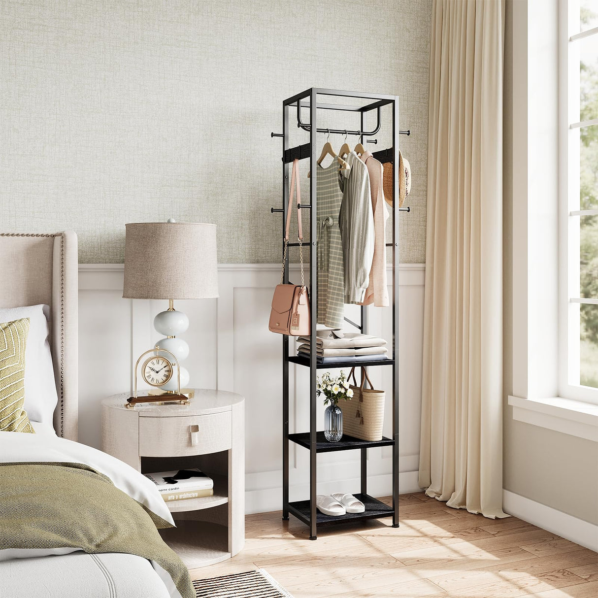 Coat Rack Freestanding, Hall Tree with 3 Storage Shelves and 12 Hooks, Metal Clothes Rack Stand