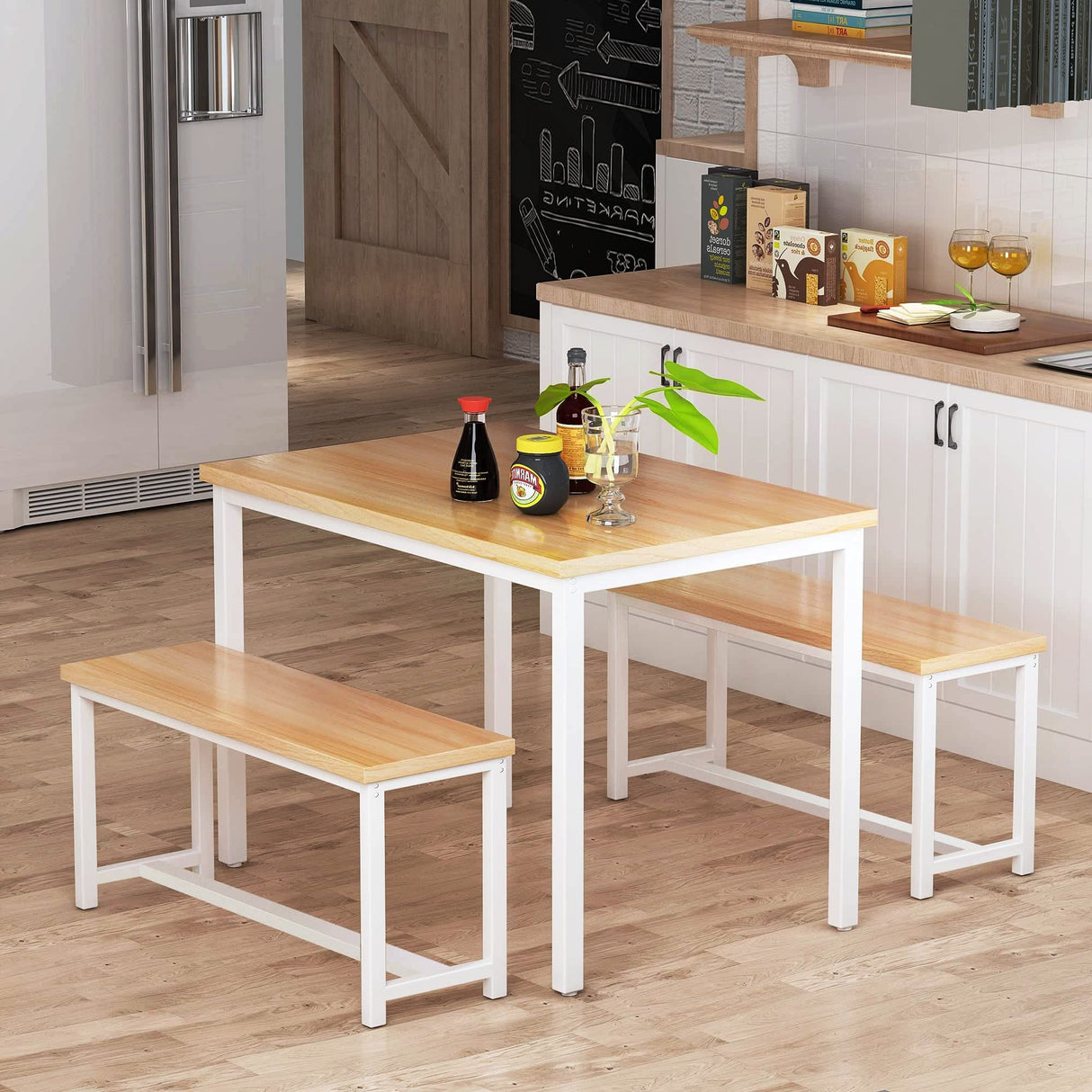 Dining Room Table Set, Kitchen Table Set with 2 Benches, Ideal for Home