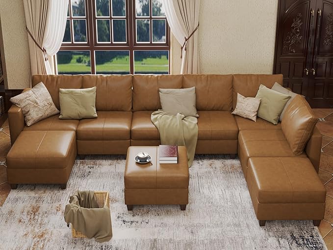 Large Modular Sectional Couch U Shaped Sofa with Storage, Faux Leather Modular Sofa 11 Seat Convertible