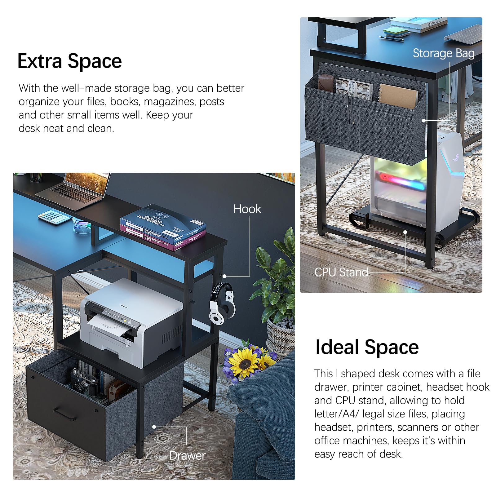 L Shaped Desk with Power Outlet and LED Strip, Reversible L Shaped Computer Desk