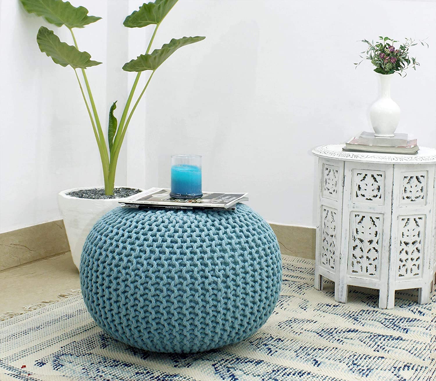 Ottoman Floor Poufs for Living Room Hand Knitted Foot Rest Comfortable