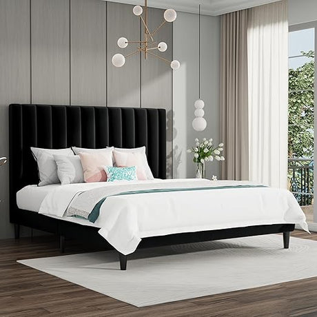 Queen Bed Frame/Velvet Upholstered Platform Bed Frame with Headboard/Strong Wood