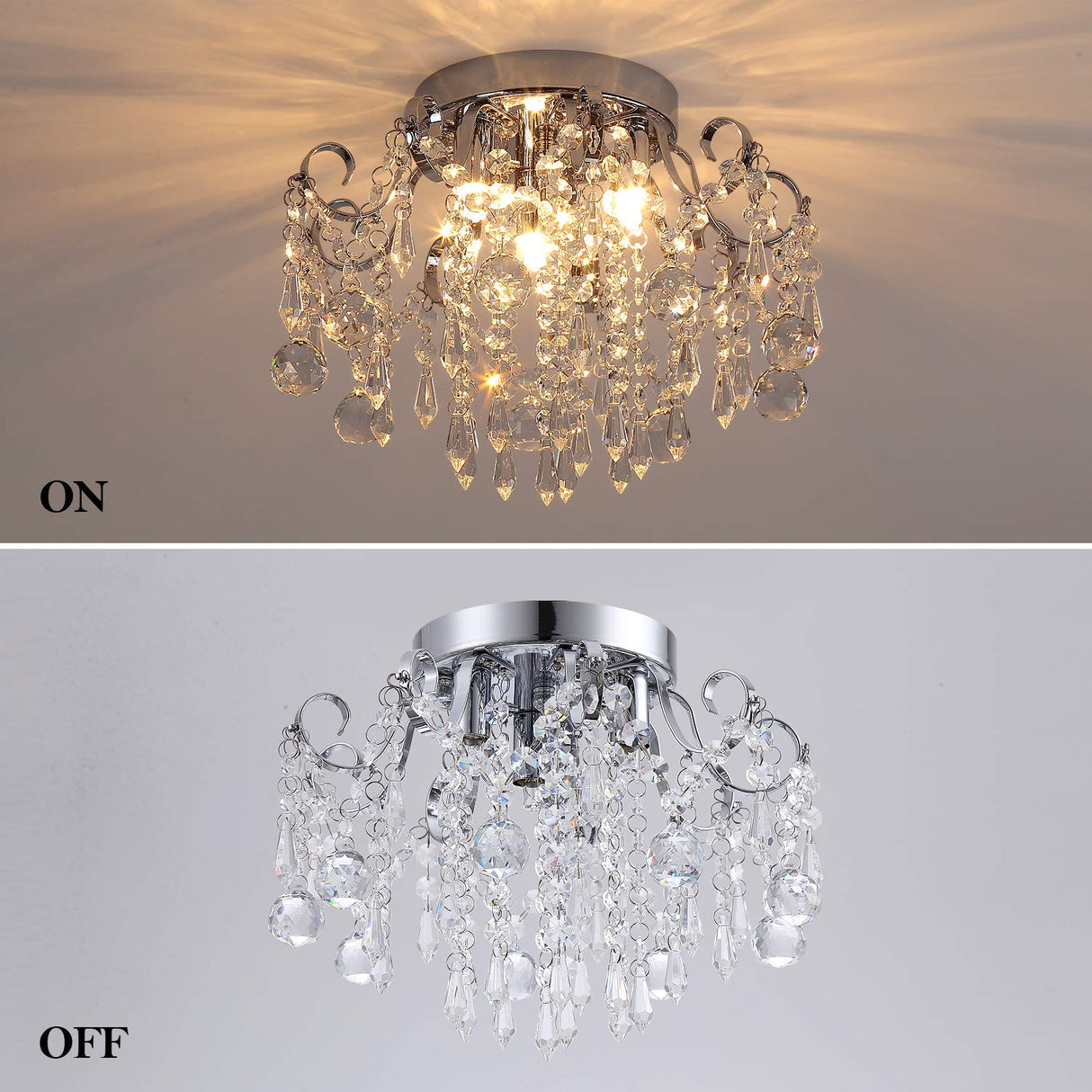 Small Crystal Chandelier Flush Mount Ceiling Light 3 Lights Modern Chrome Iron Raindrop