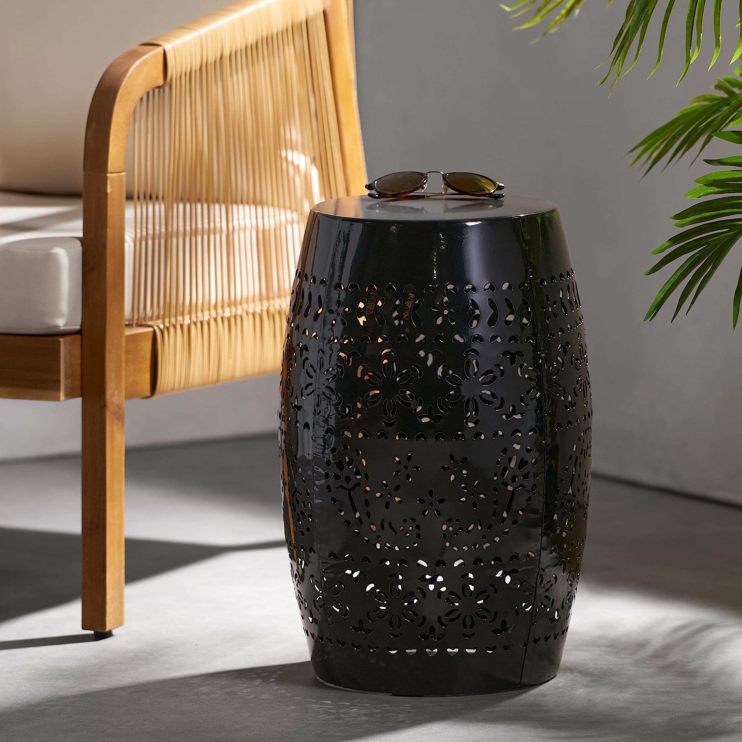 Black Round Drum Accent Table, Iron Metal Patio Side Table, 12.25" x 12.25" x 18"