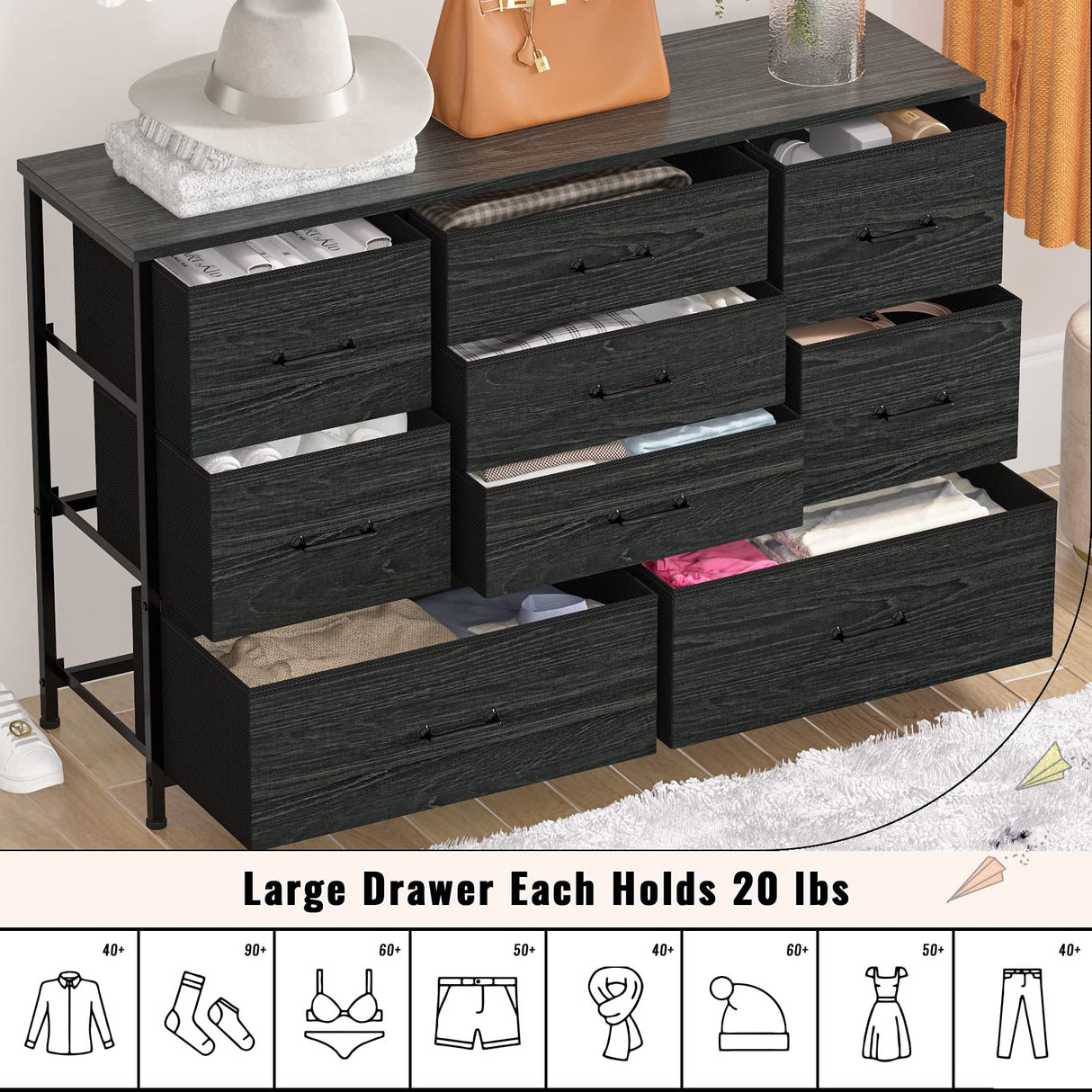 Wide Dresser with 9 Large Drawers for 55'' Long TV Stand Entertainment Center