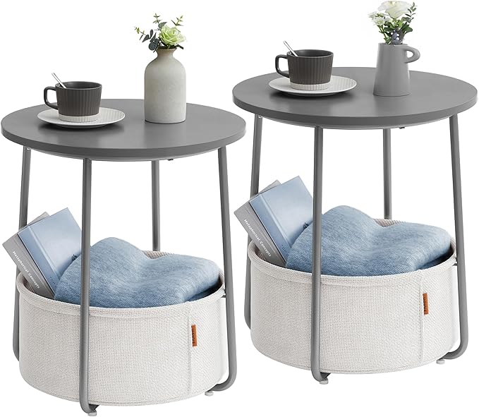 Nightstands, Set of 2 Bedside Tables with Fabric Basket, Small Round Side Tables, End