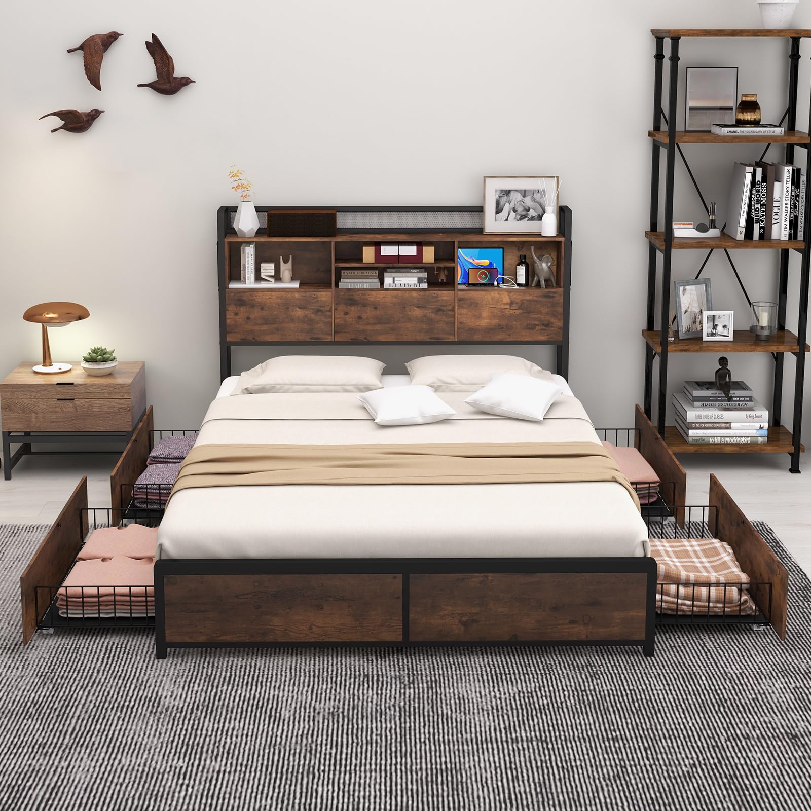 Giantex Queen Bed Frame with 4 Storage Drawers and Bookcase Headboard, Industrial Bed Frame with Charging Station, Heavy Duty Slats Support, No Box Spring Needed, Metal Queen Platform Bed with Storage
