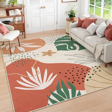 Pink Washable Rugs 8x10 - Non-Slip Backing Large Living Room Carpet Low Pile