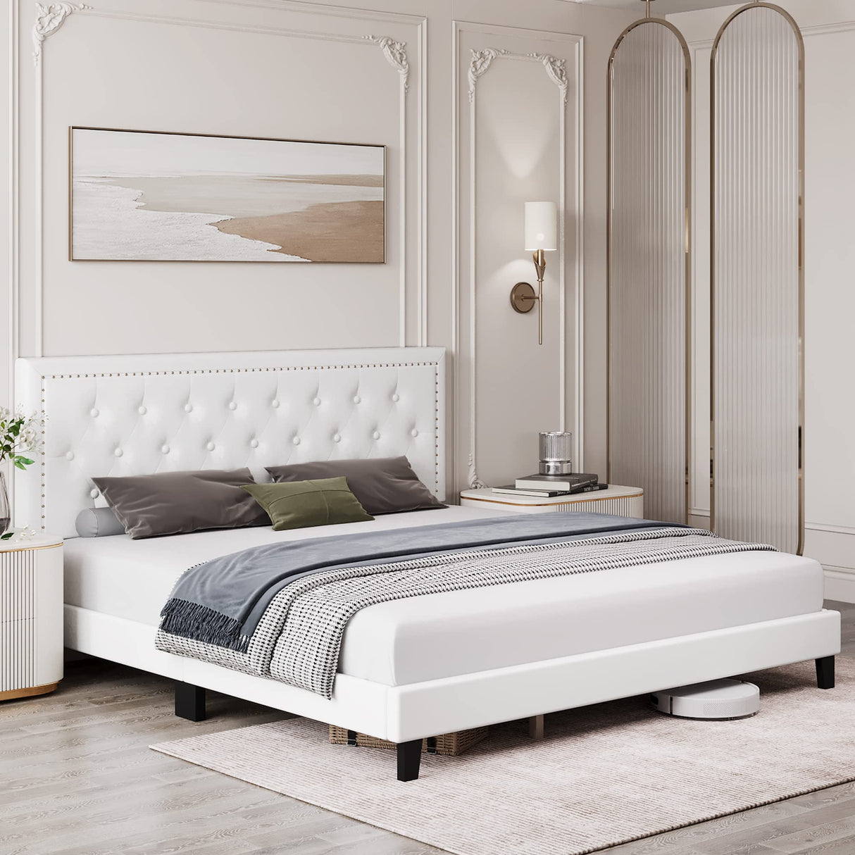 Full Size Bed Frame with Tufted Faux Leather Headboard, Upholstered Platform Bed