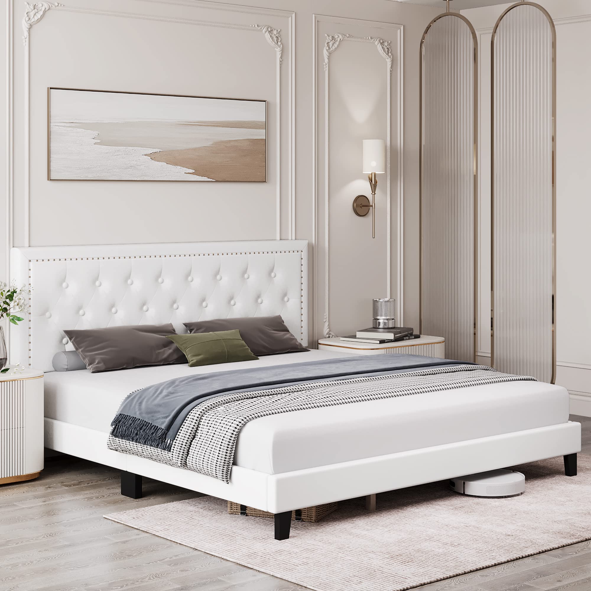 Full Size Bed Frame with Tufted Faux Leather Headboard
