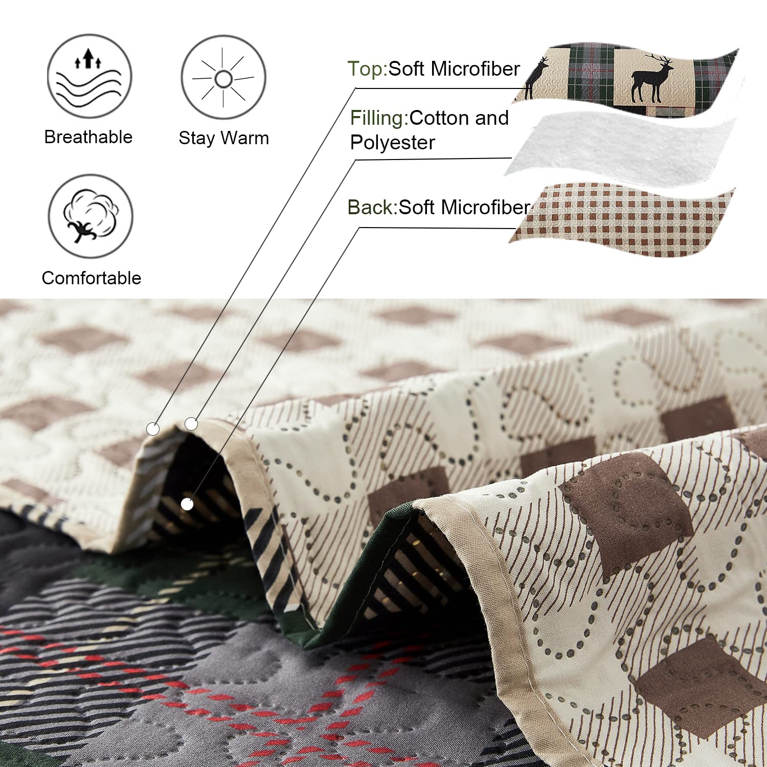Lodge Bedspread Set Full/Queen Size Rustic Cabin Quilt Set Deer Bedding sets