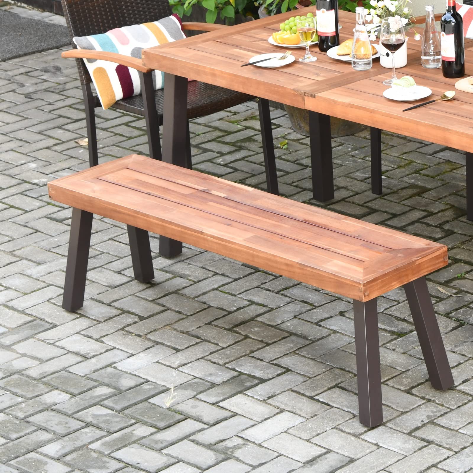 2 Pieces Outdoor Acacia Wood Bench, Patio Dining Bench