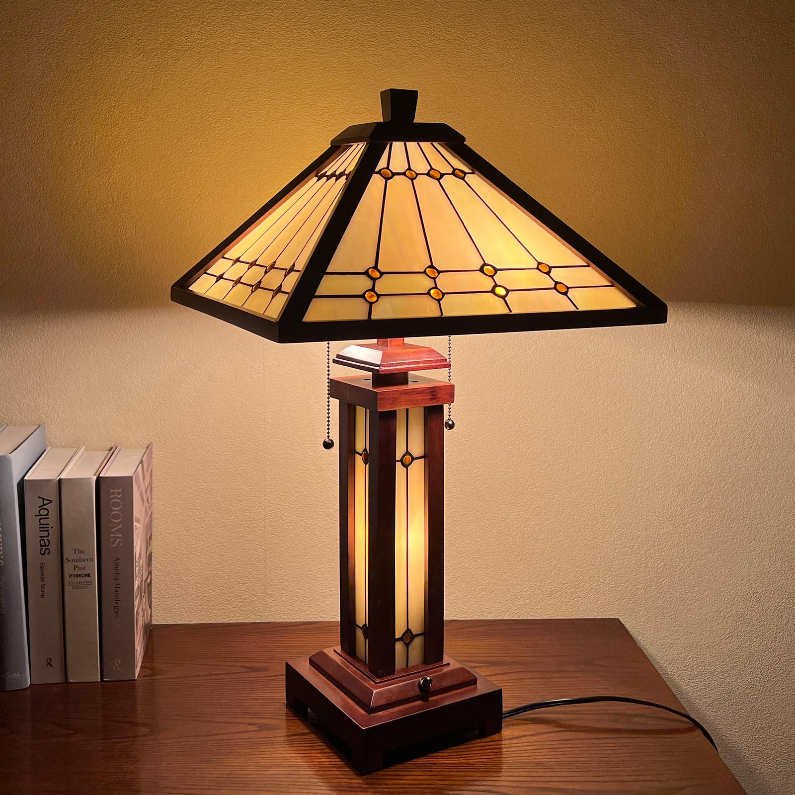 Tiffany Stained Glass Table Lamp with Night Light - 3-Light Mission Style
