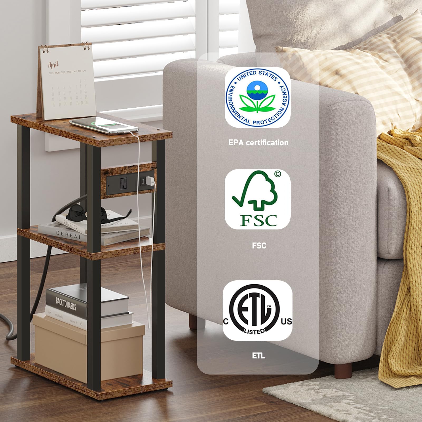 Small Narrow Side Table with Charging Station