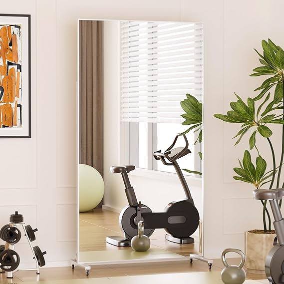Large Rolling Mirror 71" x 40" - Shatterproof Full-Length Glass for Gym, Dance Studio & Home