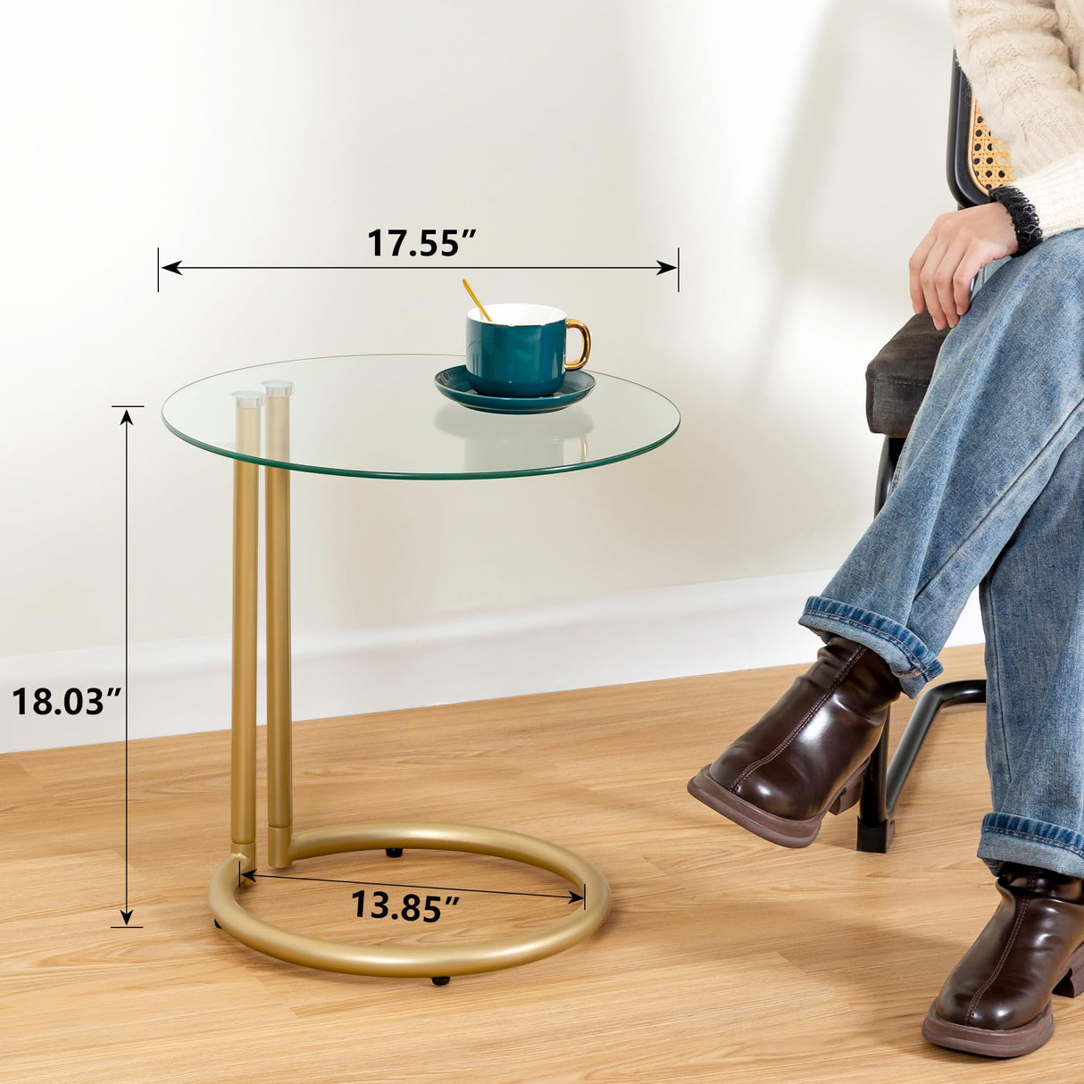 Gold End Table Modern, Round Side Table with Tempered Glass Top and Metal Stand