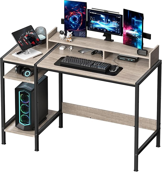 Gaming/Computer Desk - 47” Home Office Small Desk with Monitor Stand, Rustic Writing Desk for 2 Monitors