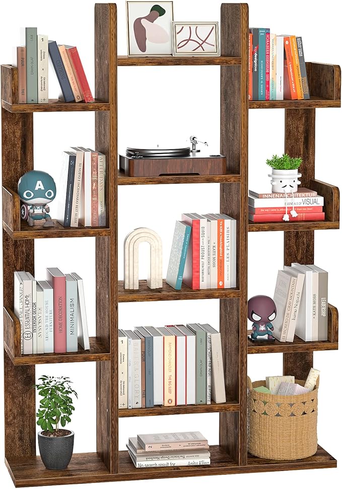 Tree-Shaped Bookcase Storage Shelf with 13 compartments, Books Organizer Display Cube Shelves, Industrial Free Floor Standing Wood Open Bookshelves, Black
