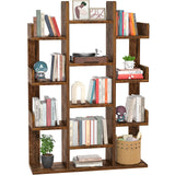 Bookshelf, Tree-Shaped Bookcase Storage Shelf with 13 compartments, Books Organizer Display Cube Shelves, Industrial Free Floor Standing Wood Open Bookshelves for Home