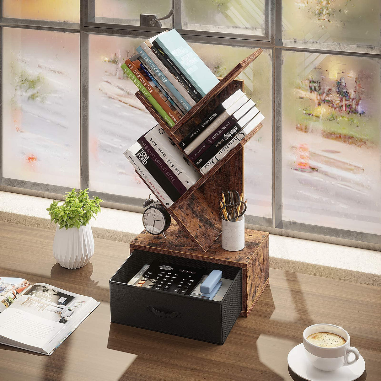 Rolanstar Bookshelf with Drawer, 4 Shelf Tree Bookshelf, Wooden Bookshelves Storage Rack for CDs/Movies/Books, Rustic Brown Bookcase, Utility Organizer Shelves for Living Room, Bedroom