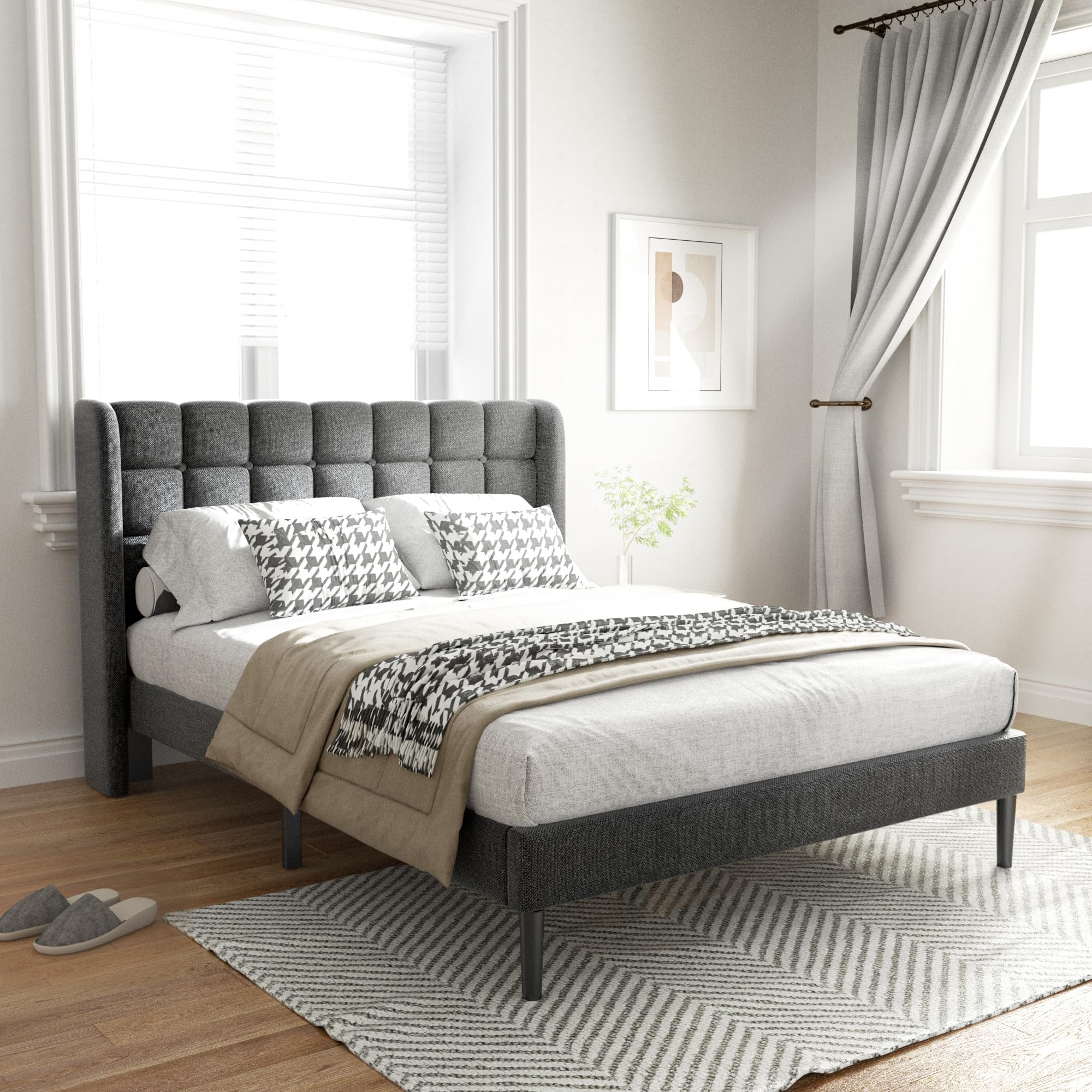 Full Size Bed Frame with Upholstered Wingback Headboard, Modern Platform Bed Frame