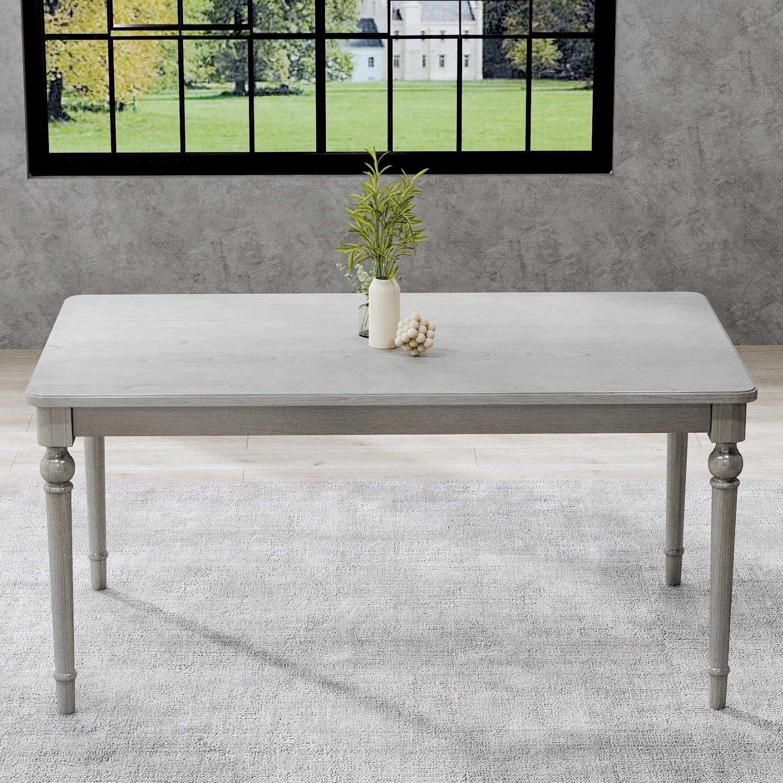 Table for 4-6 People, Rustic Solid Wood Rectangular Kitchen Table with Turned Legs