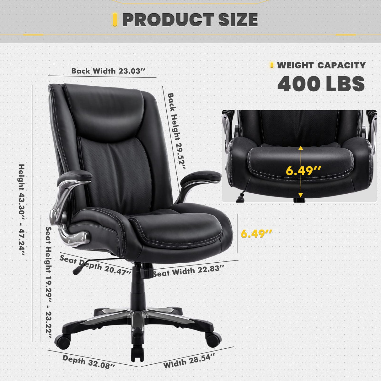 High Back Big Tall Office Chair 400lb Flip-up Arms Bonded Leather Adjustable Height