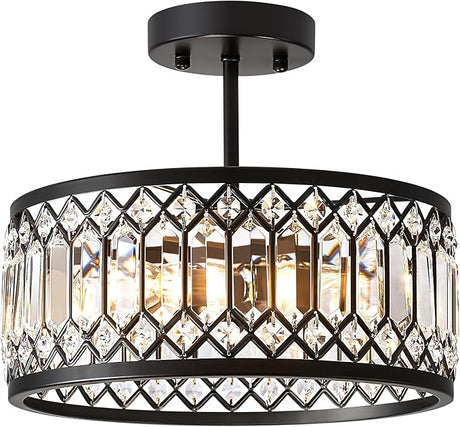 Crystal Black Ceiling Light, Modern Semi Flush Mount Ceiling Lighting Fixture, Round