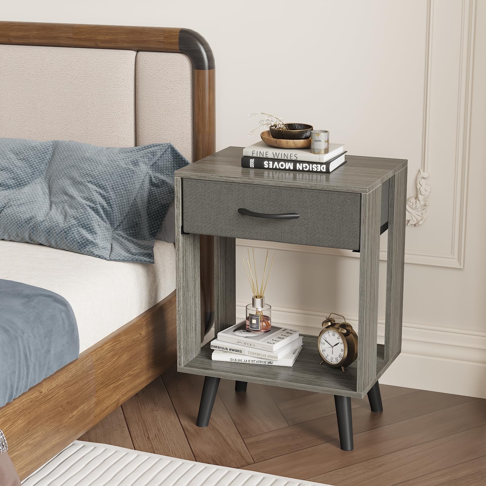 Nightstand Set of 2 with Fabric Drawers and Open Shelves - Gray Bedroom